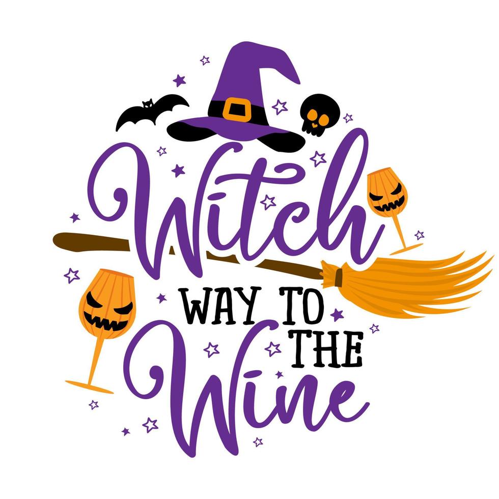 Hexenweg zum Wein - Satz für Halloween-Prost. handgezeichnete beschriftung für halloween-grußkarte, einladung. gut für T-Shirt, Becher, Geschenk, Druck. Urlaubszitate. Kürbisbeet vektor