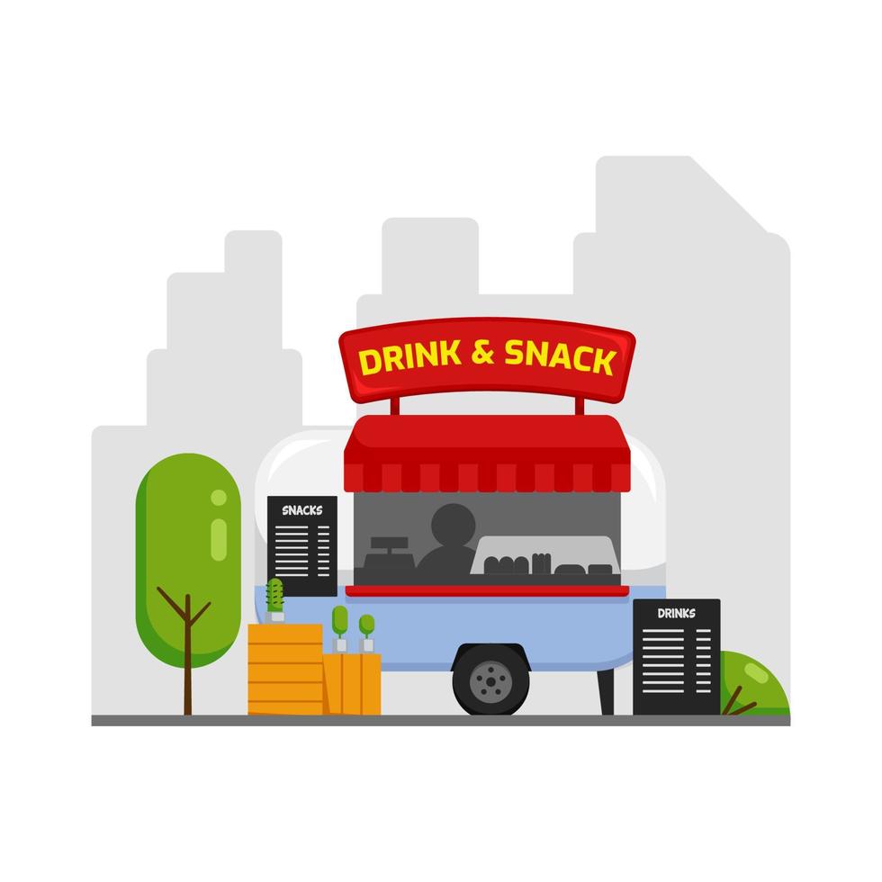 små mat mellanmål dryck lastbil platt enkel vektor illustration med stad silhuett bakgrund