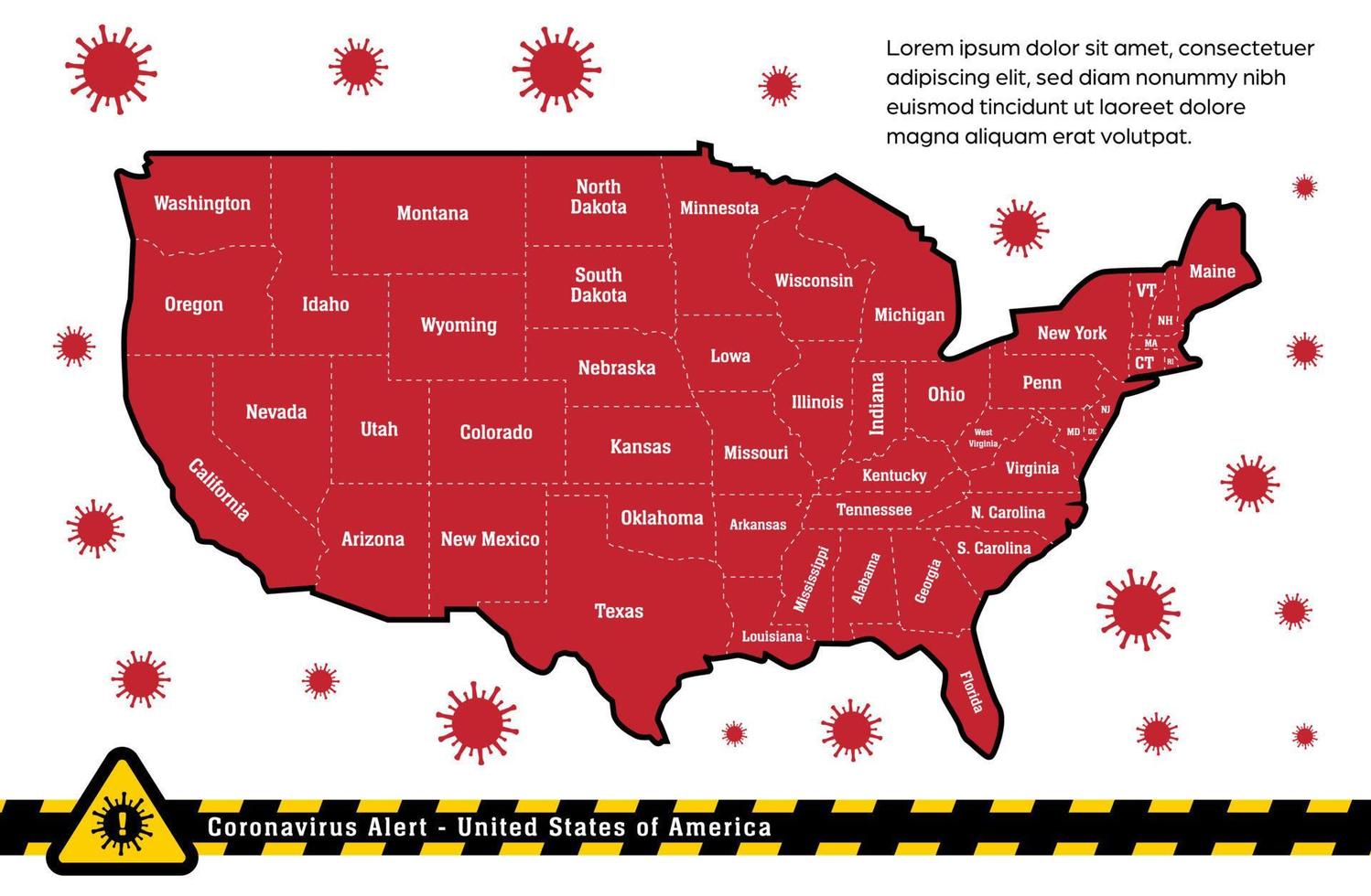 usa vereinigte staaten amerika koronawarnkarte mit grenzvektorillustration der politischen region vektor