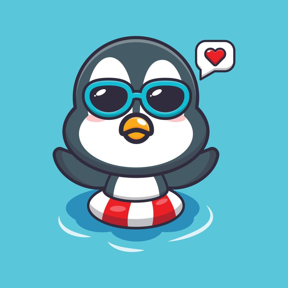 niedlicher pinguin mit sonnenbrille, der auf strandkarikaturillustration schwimmt. vektor
