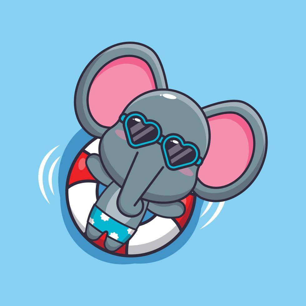 süßer elefant mit sonnenbrille schwimmt mit bojenkarikaturillustration vektor