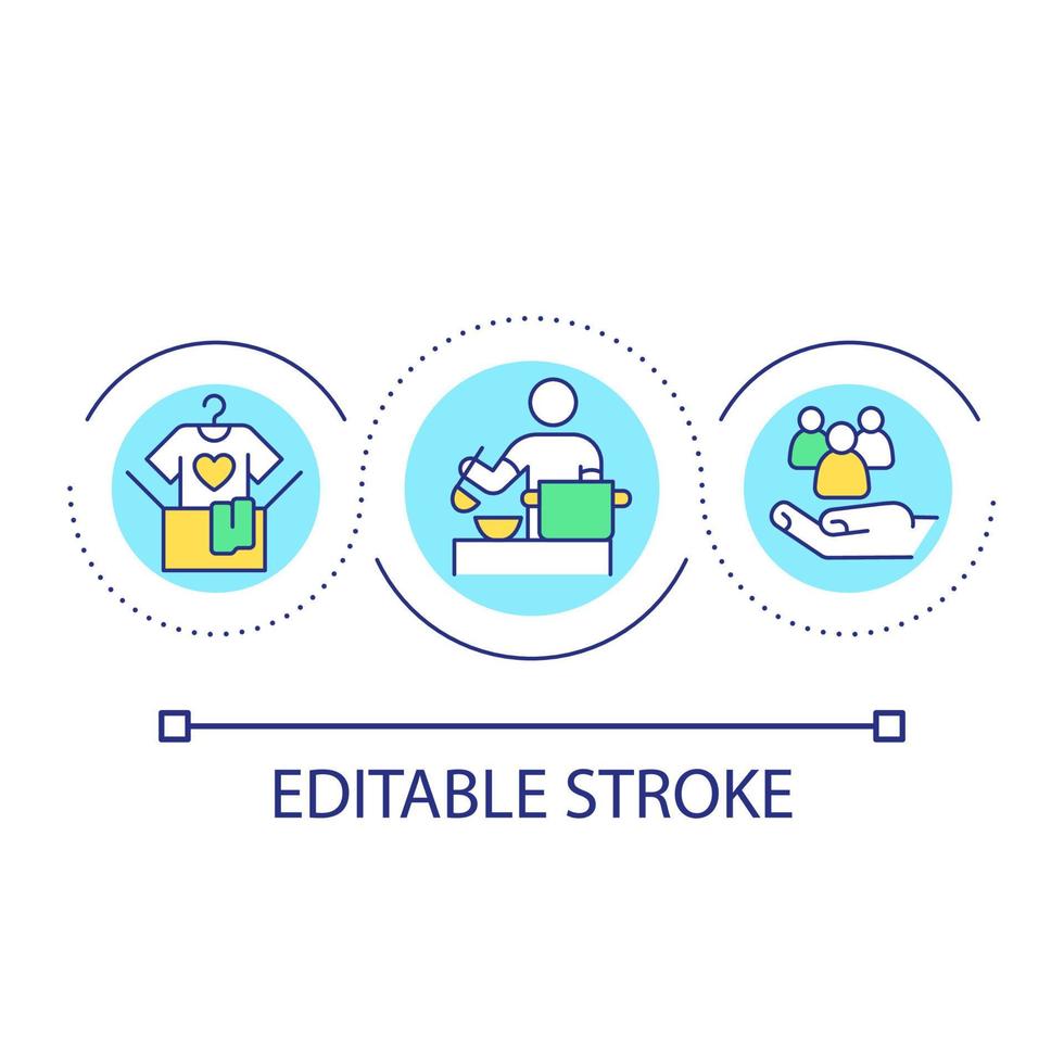 Symbol für das Konzept der Wohltätigkeitsarbeitsschleife. freiwillige möglichkeiten abstrakte idee dünne linie illustration. Kleidung sammeln und Menschen ernähren. isolierte Umrisszeichnung. editierbarer Strich. vektor