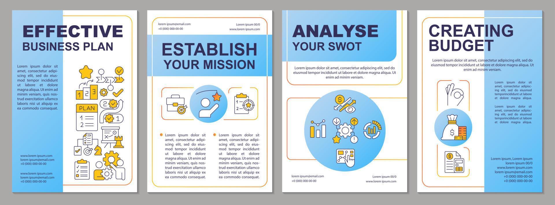 effektive blaue broschürenvorlage des geschäftsplans. Startup-Boosting. Broschürendesign mit linearen Symbolen. editierbare 4 Vektorlayouts für Präsentationen, Jahresberichte. vektor