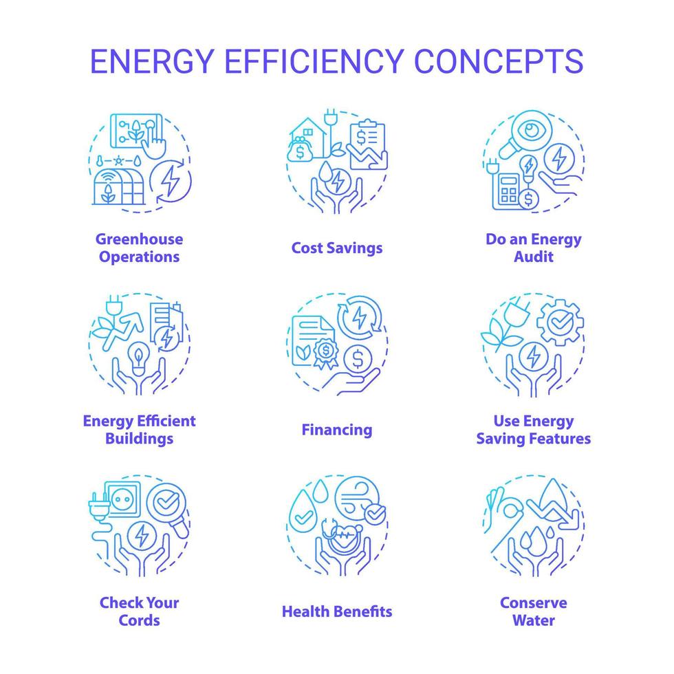 Symbole für das blaue Verlaufskonzept der Energieeffizienz festgelegt. Elektrizität und Energieeinsparung. Nachhaltigkeitsidee dünne Linienfarbillustrationen. isolierte Symbole. vektor