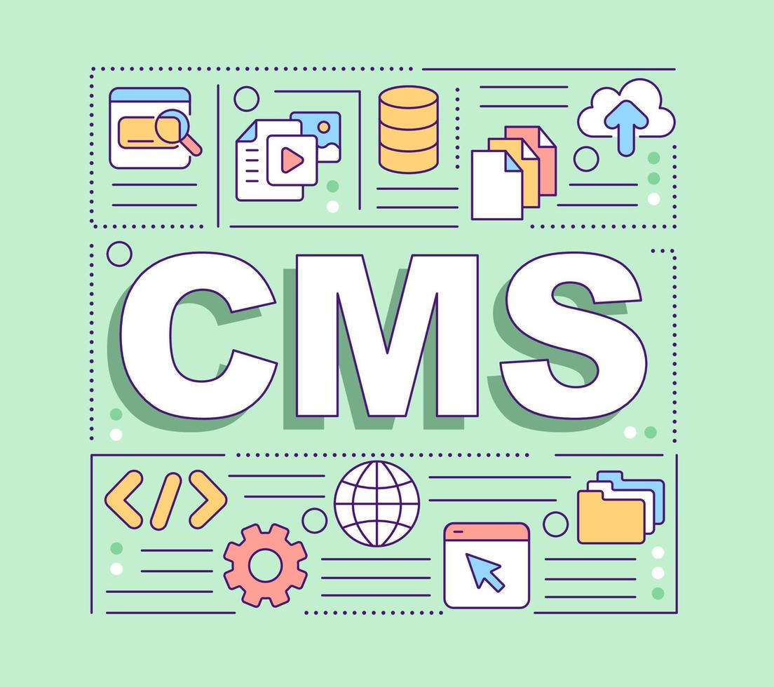 cms ord begrepp ljus grön baner. klara av innehåll. dator programvara. infographics med redigerbar ikoner på Färg bakgrund. isolerat typografi. vektor illustration med text.