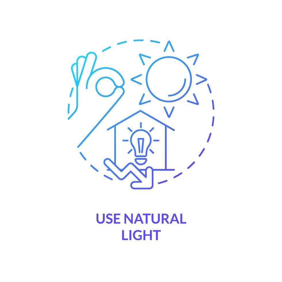 använda sig av naturlig ljus blå lutning begrepp ikon. växla av belysning. energi effektivitet på arbete abstrakt aning tunn linje illustration. isolerat översikt teckning. vektor