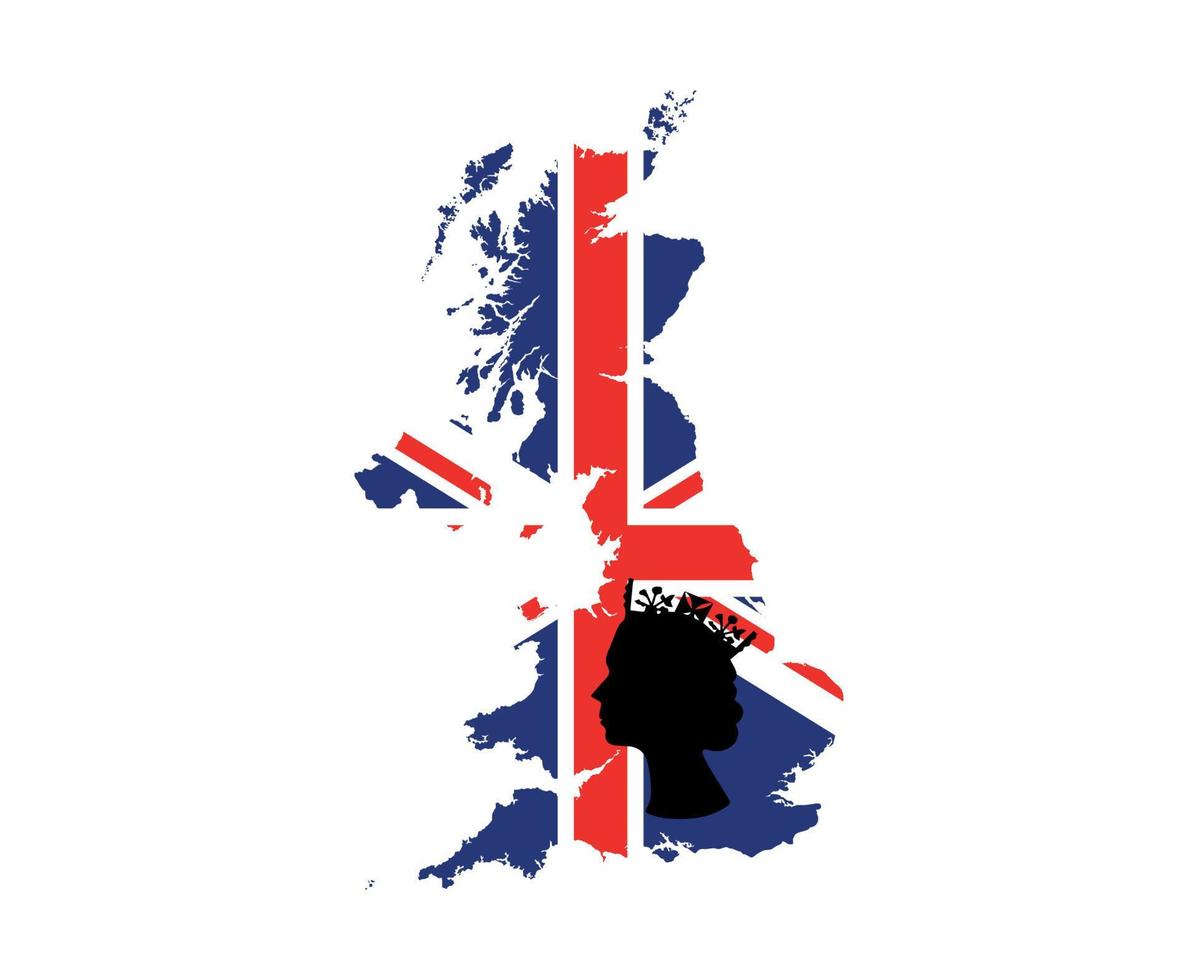 Elizabeth drottning ansikte svart med brittiskt förenad rike flagga nationell Europa emblem Karta ikon vektor illustration abstrakt design element