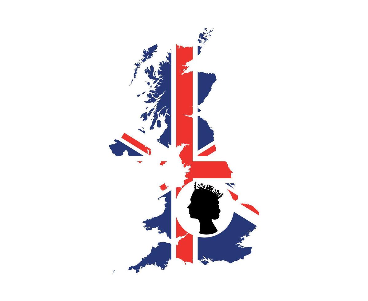 Elizabeth drottning ansikte svart och vit med brittiskt förenad rike flagga nationell Europa emblem Karta ikon vektor illustration abstrakt design element
