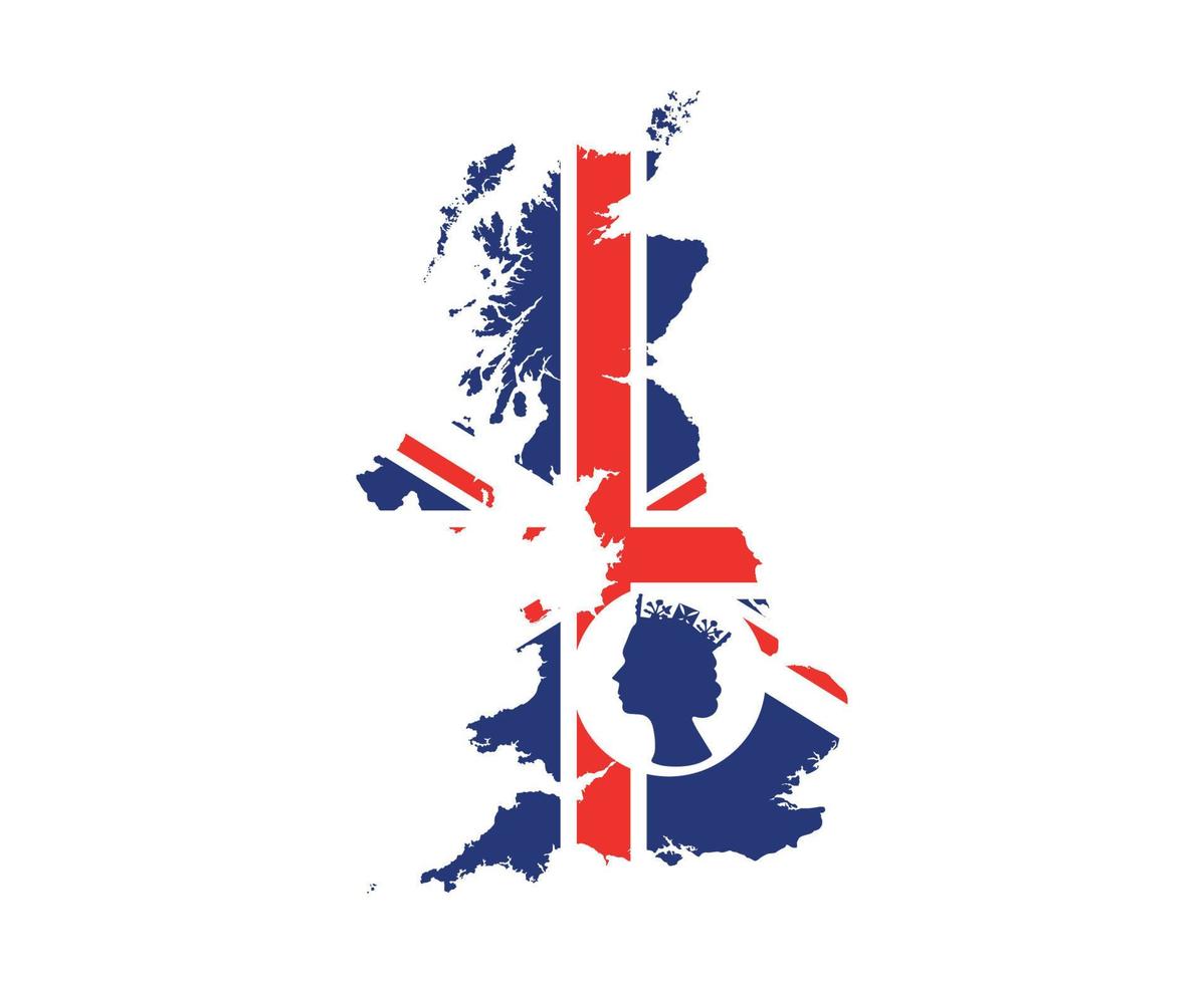 Elizabeth drottning ansikte vit och blå med brittiskt förenad rike flagga nationell Europa emblem Karta ikon vektor illustration abstrakt design element