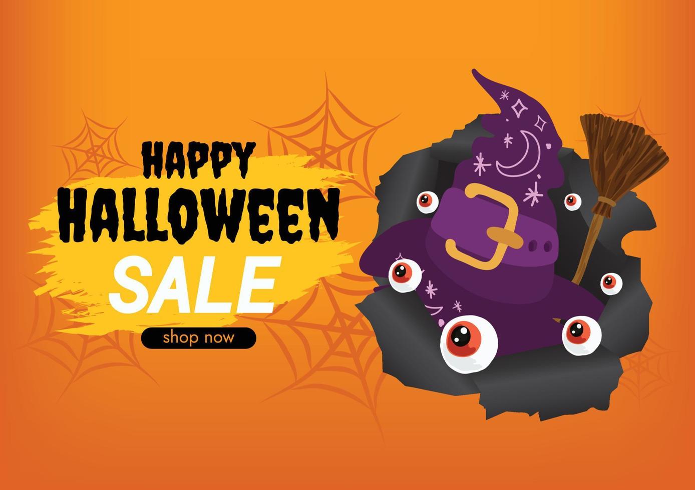 Netter glücklicher Halloween-Verkauf und Halloween-Ikonen auf gelbem Hintergrund vektor