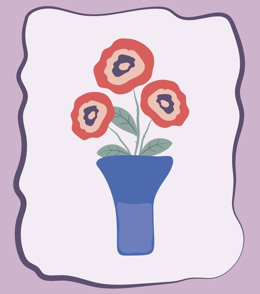 Grußkarte mit Rahmen und Vase mit Rosen. Handzeichnung. vektor