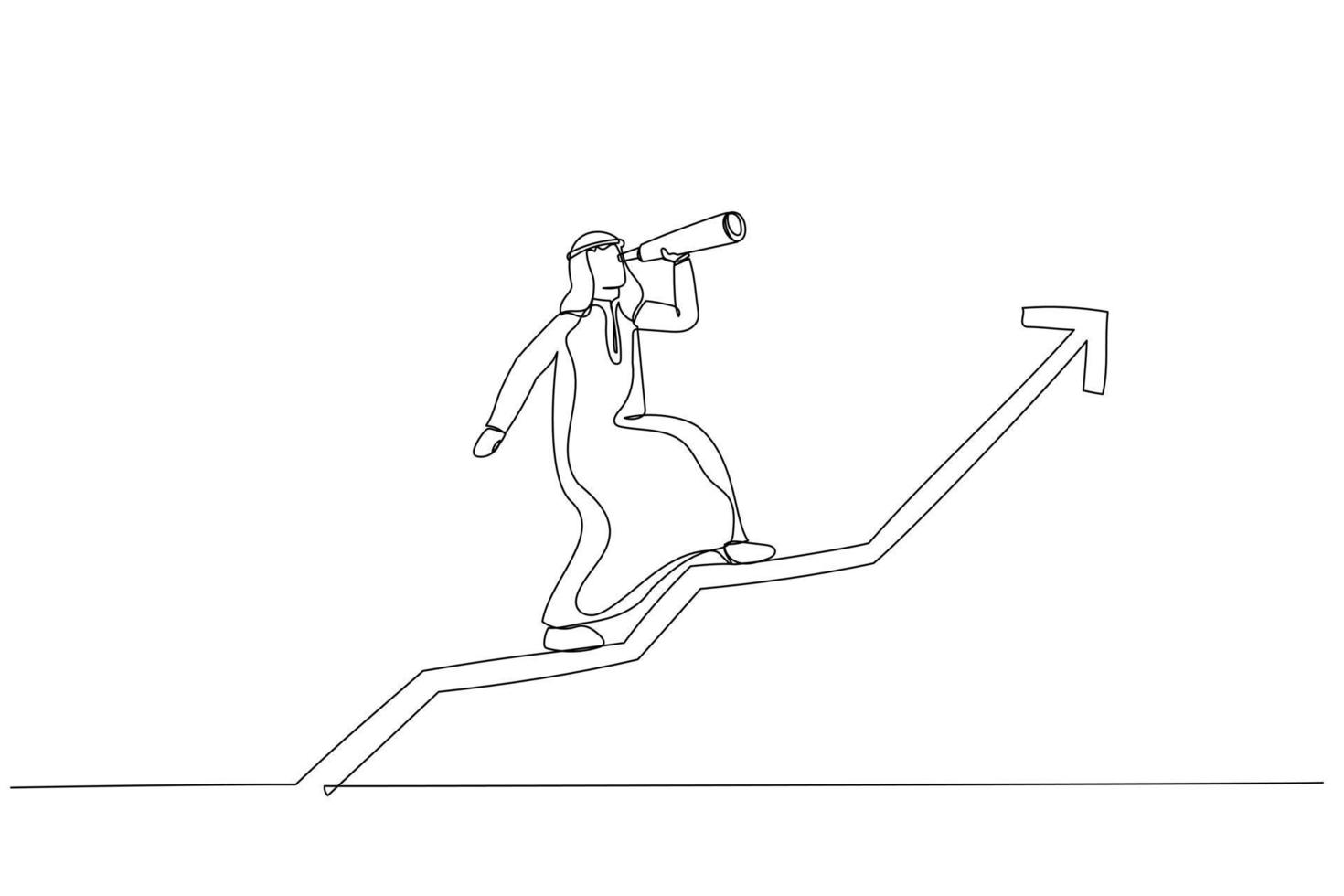 Zeichnung eines Teammanagers eines arabischen Geschäftsmanns, der ein Teleskop verwendet, um die Zukunft zu sehen, die auf dem Diagramm des steigenden Pfeilmarktes steht. Anlegervermögen oder Gewinnwachstum. Einzeiliger Kunststil vektor
