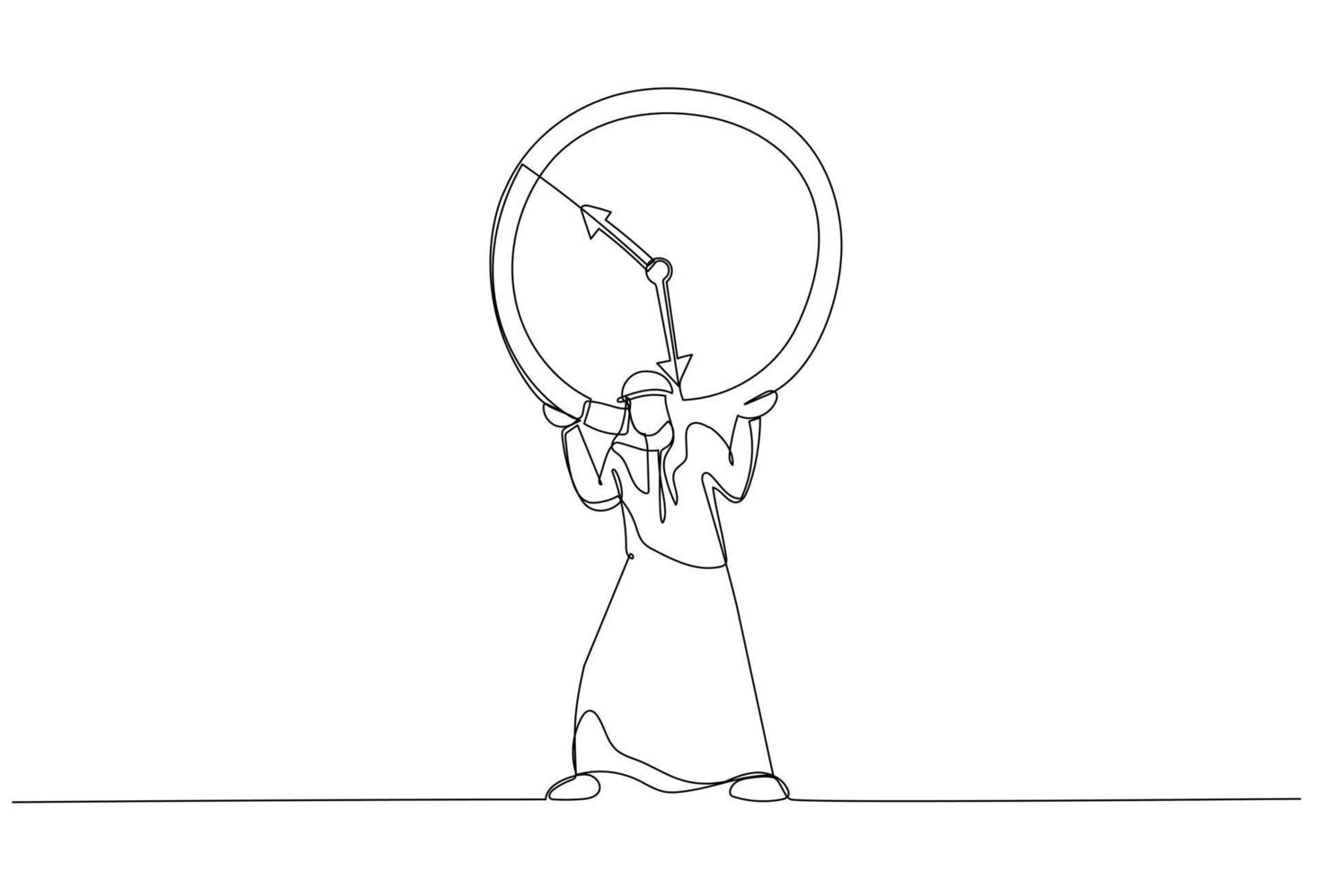 illustration des arabischen geschäftsmann-gehaltsmannes trägt eine schwere große uhrenlast. Zeitmanagement-Fehlerkonzept. ein Kunststil mit durchgehender Linie vektor