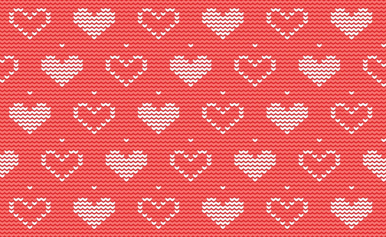 Herzstrickmustervektor, weiße Liebesstickerei auf hellrotem Hintergrund, Kreuzstichliebes-Valentinsgrußdesign vektor