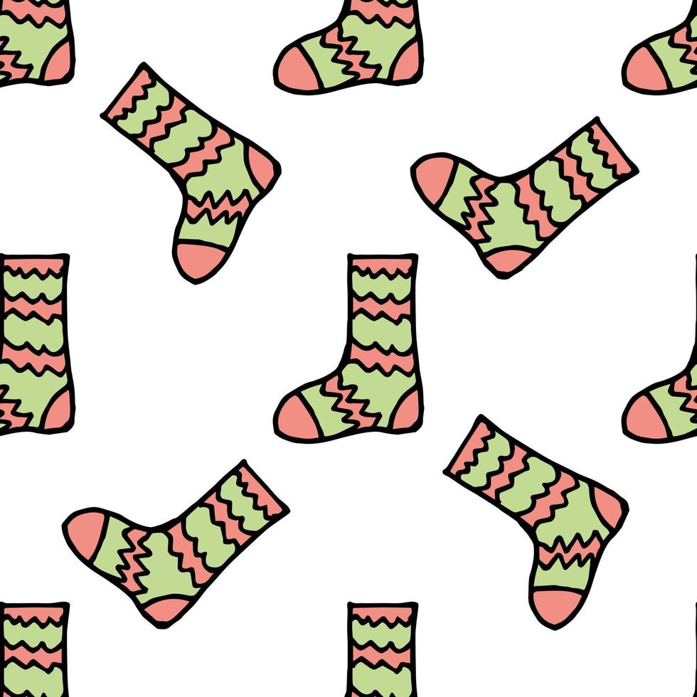 Nahtloses Muster mit niedlichen rosa und hellgrünen Socken auf weißem Hintergrund. Vektorbild. vektor