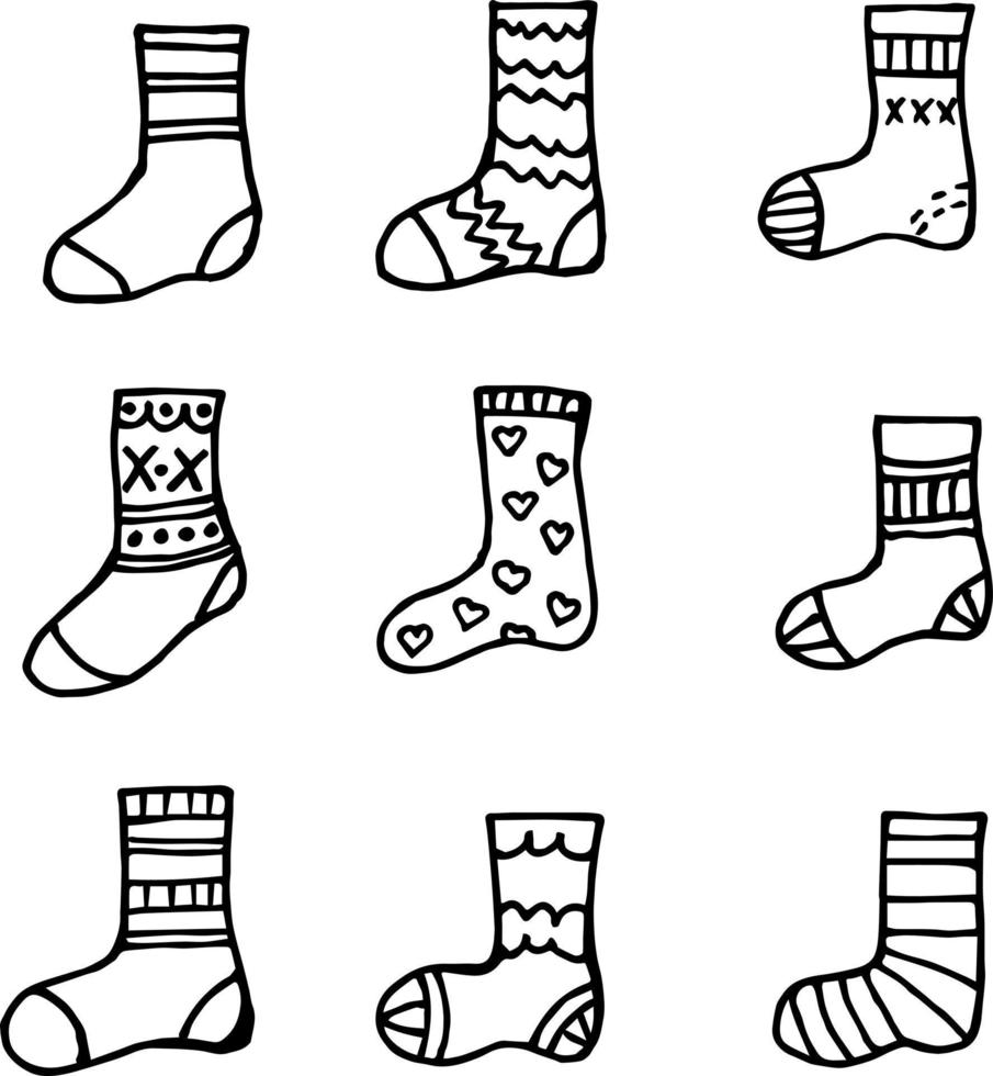 Sammlung von schwarz-weißen Socken auf weißem Hintergrund. Doodle-Stil. Vektorbild. vektor