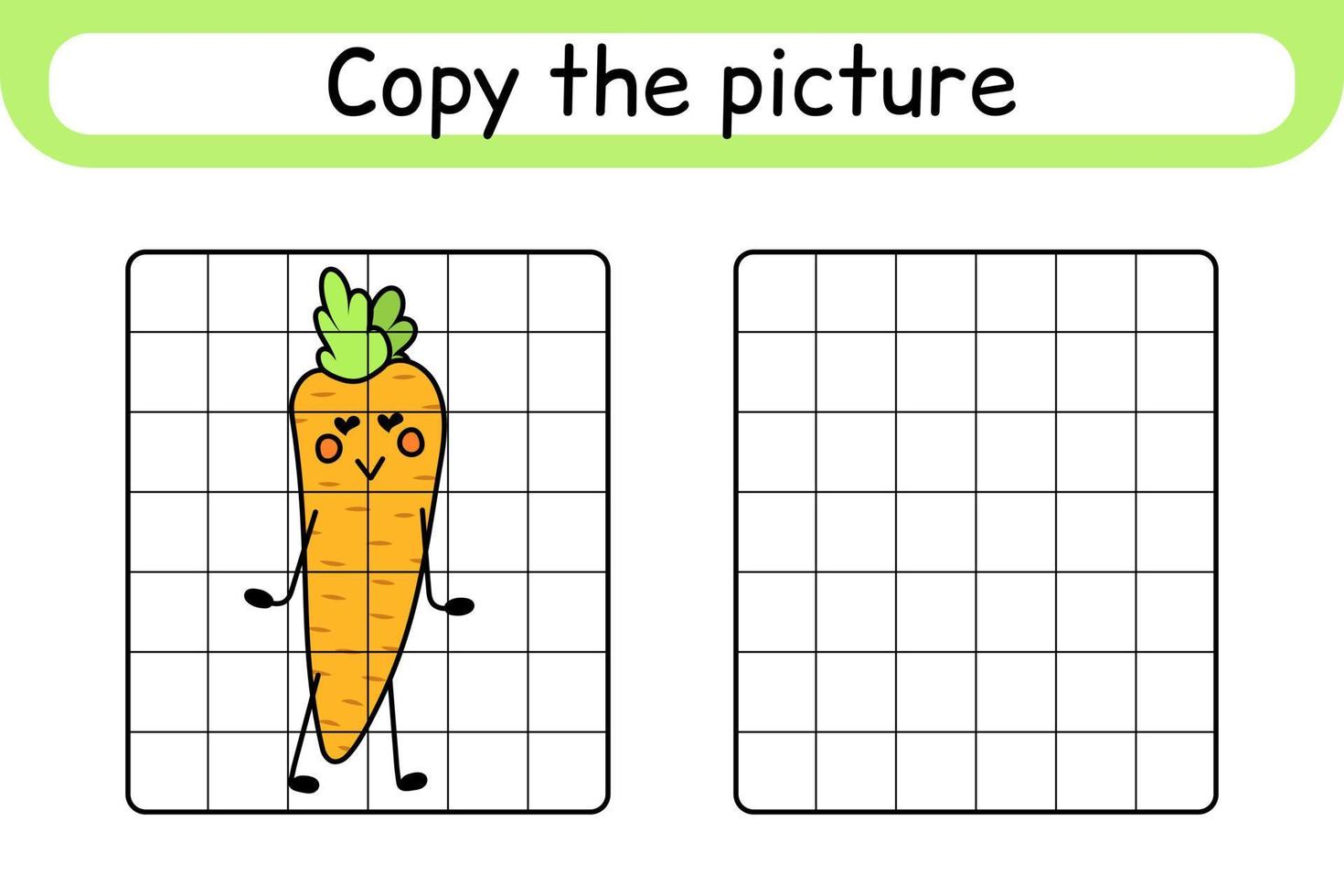 Kopiere das Bild und male Möhre aus. runden das Bild ab. beende das Bild. Malbuch. pädagogisches Zeichenübungsspiel für Kinder vektor