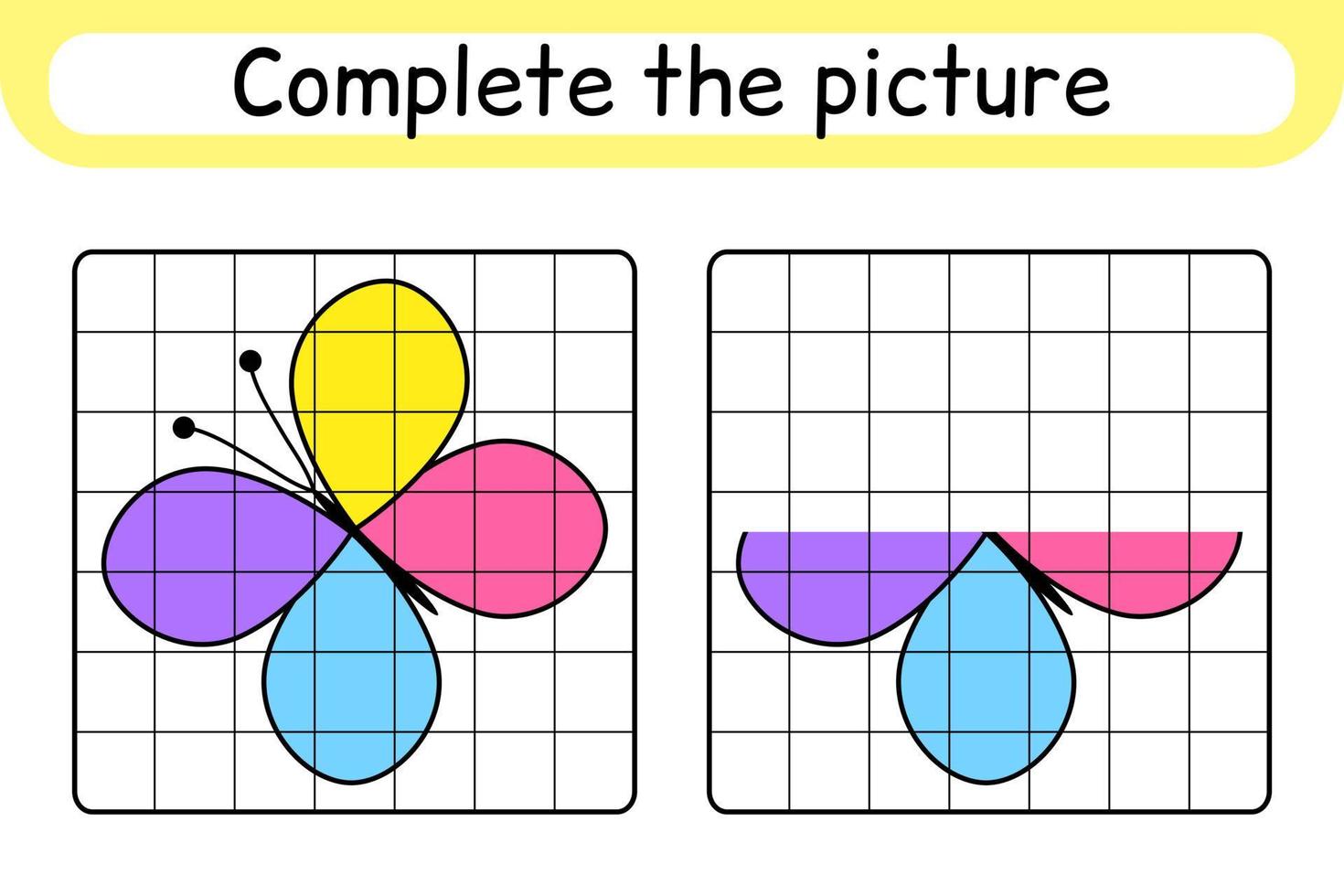 Vervollständigen Sie das Bild Schmetterling. Kopieren Sie das Bild und die Farbe. beende das Bild. Malbuch. pädagogisches Zeichenübungsspiel für Kinder vektor