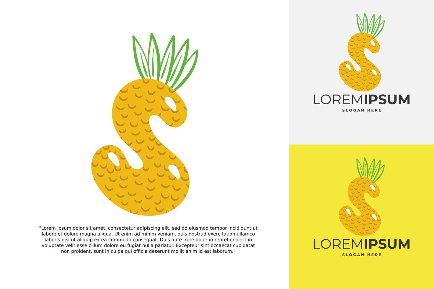 s-Buchstaben-Logo aus Ananas. Handgemachte Obstkalligrafie für landwirtschaftliche Identität, Restaurantkarten, Kinder-T-Shirts, Sommerdrucke usw vektor