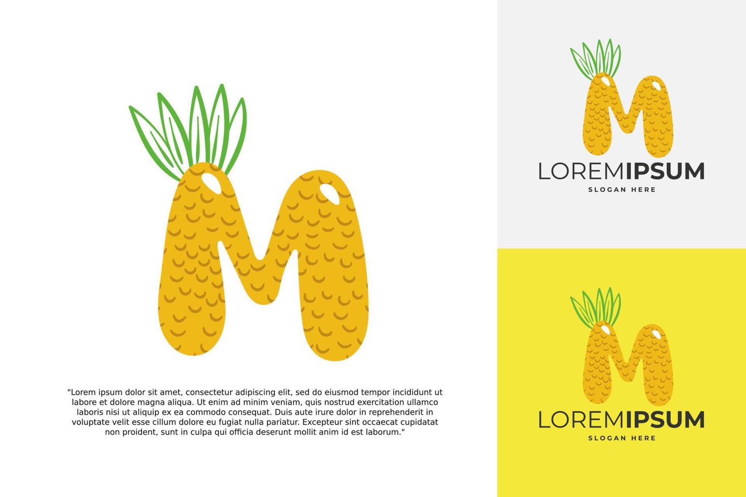 m brev logotyp tillverkad av ananas. frukt handgjort kalligrafi för jordbruks identitet, restaurang kort, barn t-shirt, sommar grafik, etc vektor