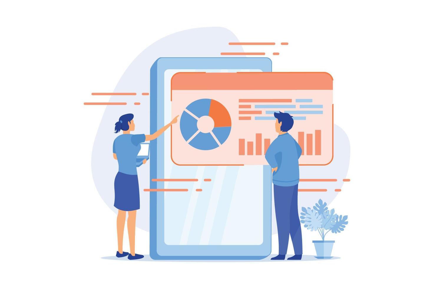 professionelle Business Analytics. statistische Analysen, Entwicklungsstrategieplanung, Marktforschung. analysten, vermarkterteam, das daten analysiert. flache Vektor moderne Illustration