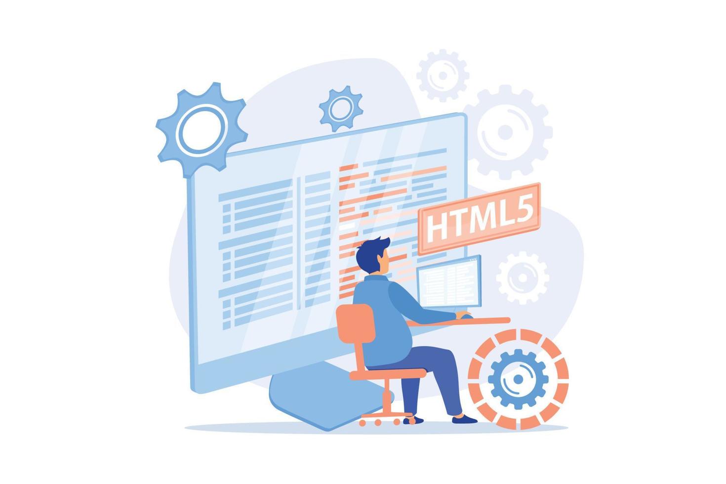 HTML5-Programmierung. Entwicklung von Internet-Websites, Entwicklung von Webanwendungen, Schreiben von Drehbüchern. HTML-Code-Optimierung, Programmierer, der Fehler behebt. flache Vektor moderne Illustration