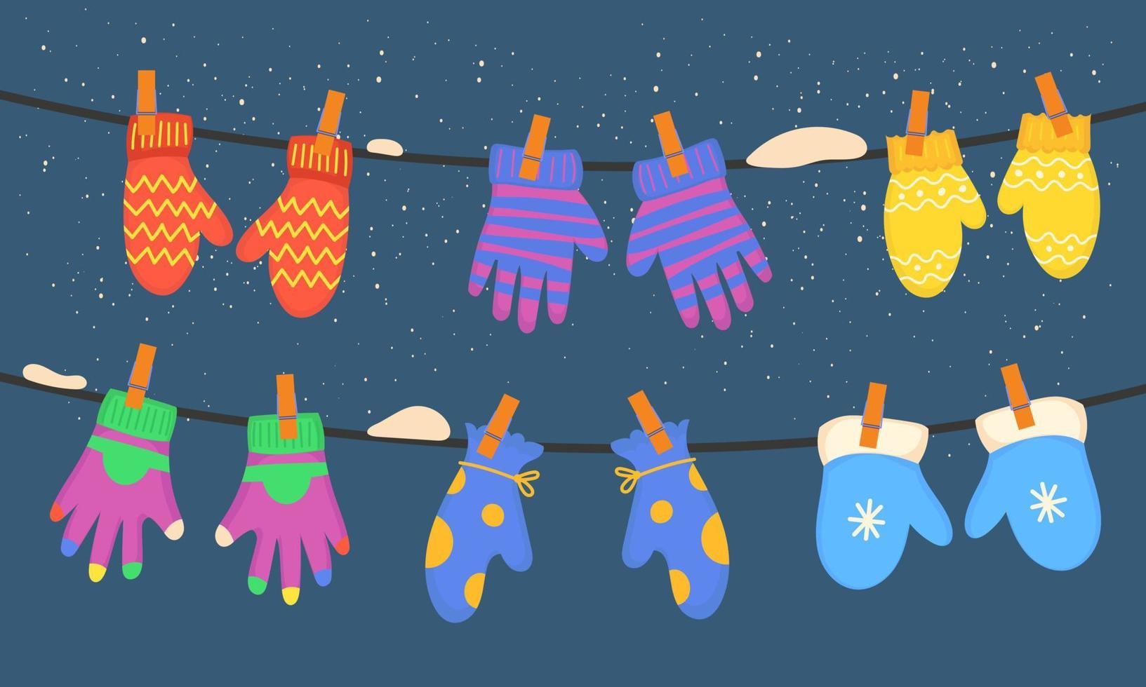 hängende winterpaarhandschuhe und winterkarikaturkleidung für die wäsche. Cartoon-Fäustling Kleidung Vektor-Illustration. weihnachtszubehörset und niedliche strickkollektion. kinder textil warmes element vektor