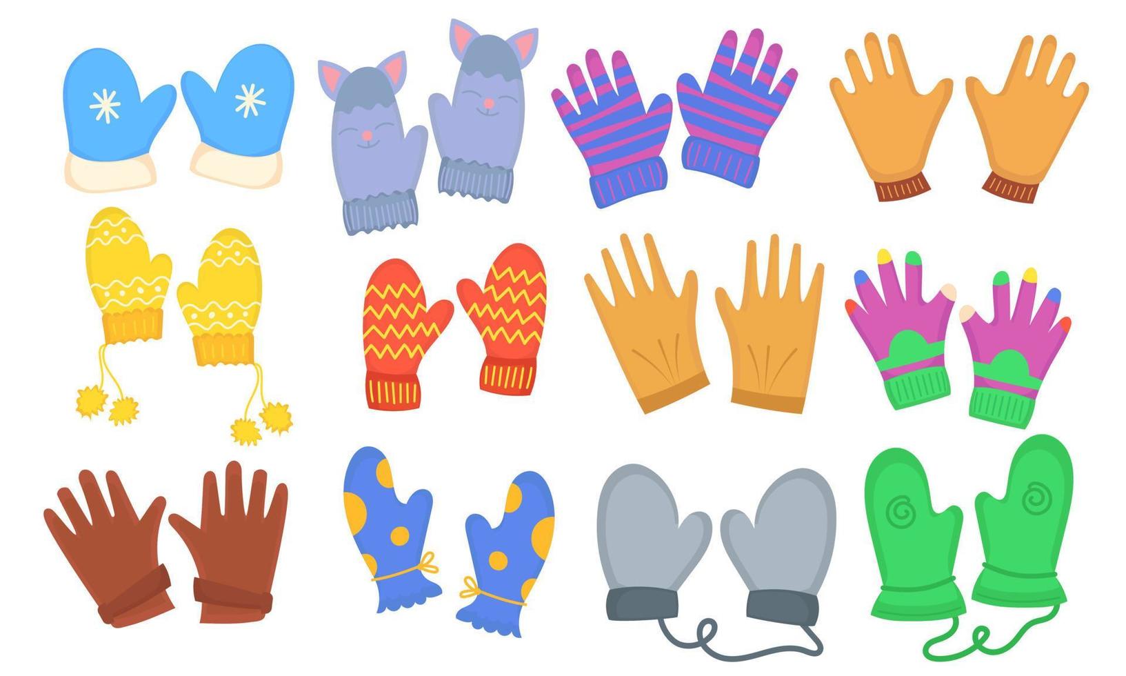 Winterhandschuhe und Fäustlinge setzen Symbol. niedliches modedesign lokalisierte weiße und handwinterkleidungsvektorillustration. cartoon bunte stoffsaison textil- und wollbekleidung. Freizeitobjekt im Winter vektor