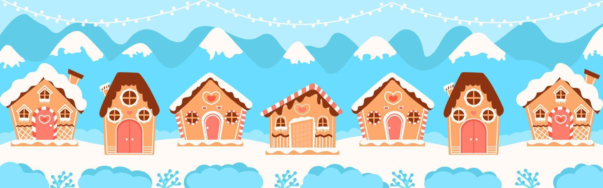 weihnachtslebkuchenhäuser webbanner für winterferien, grußkarte im karikaturstil auf blauem hintergrund vektor
