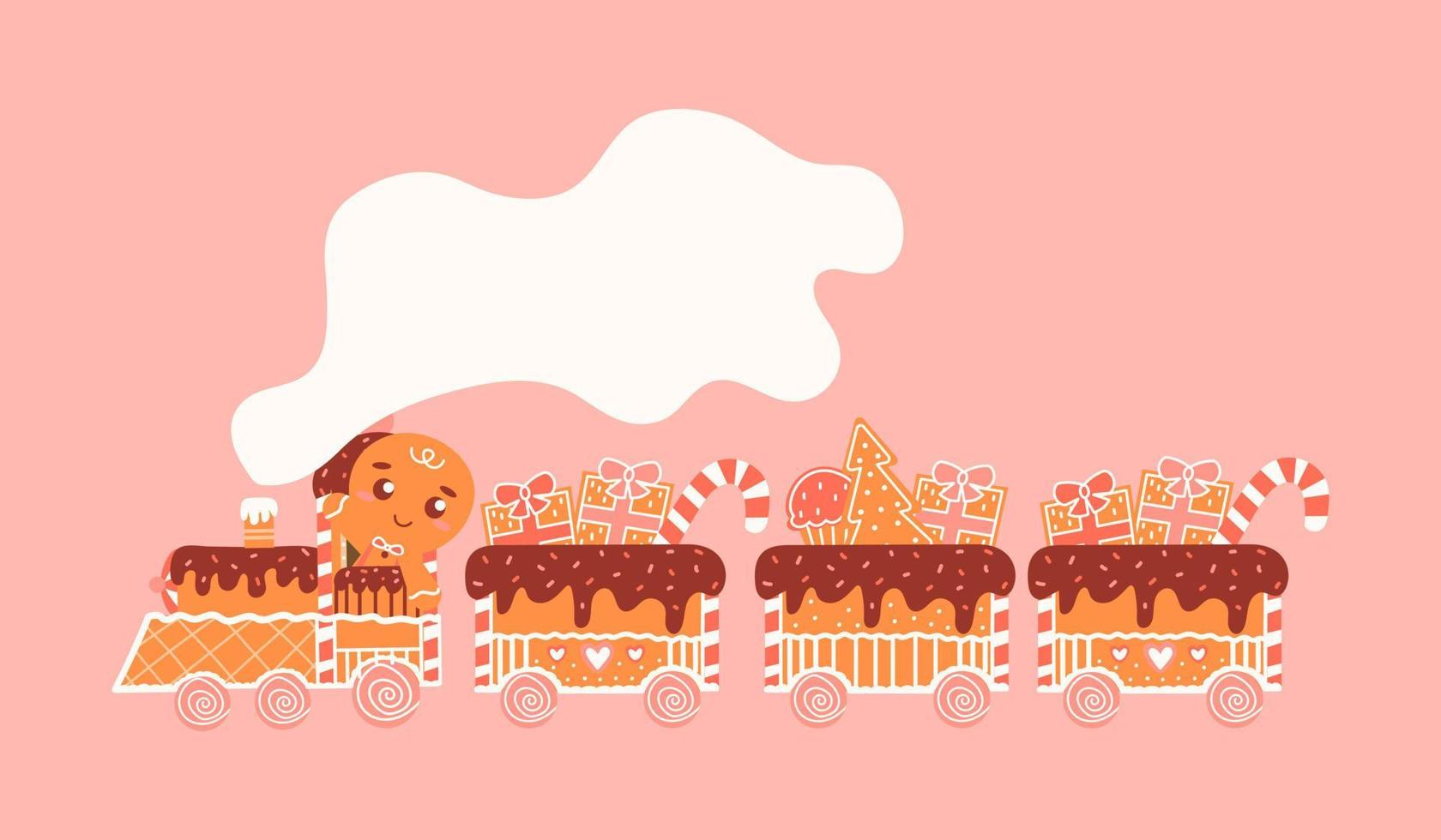 söt pepparkaka santa uttrycka med kaka lokomotiv och vagn med gåvor och jul träd på rosa bakgrund, ljuv vinter- Semester transport med godis för hälsning kort i tecknad serie stil vektor