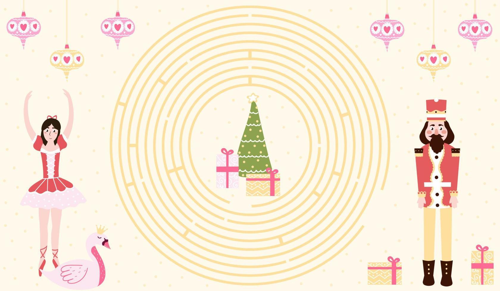 jul tryckbar kalkylblad för barn med nötknäppare chracter och ballerina, hjälp till hitta rätt sätt till xmas eve med presenterar, cirkel labyrint för barn böcker för vinter- högtider i tecknad serie stil vektor