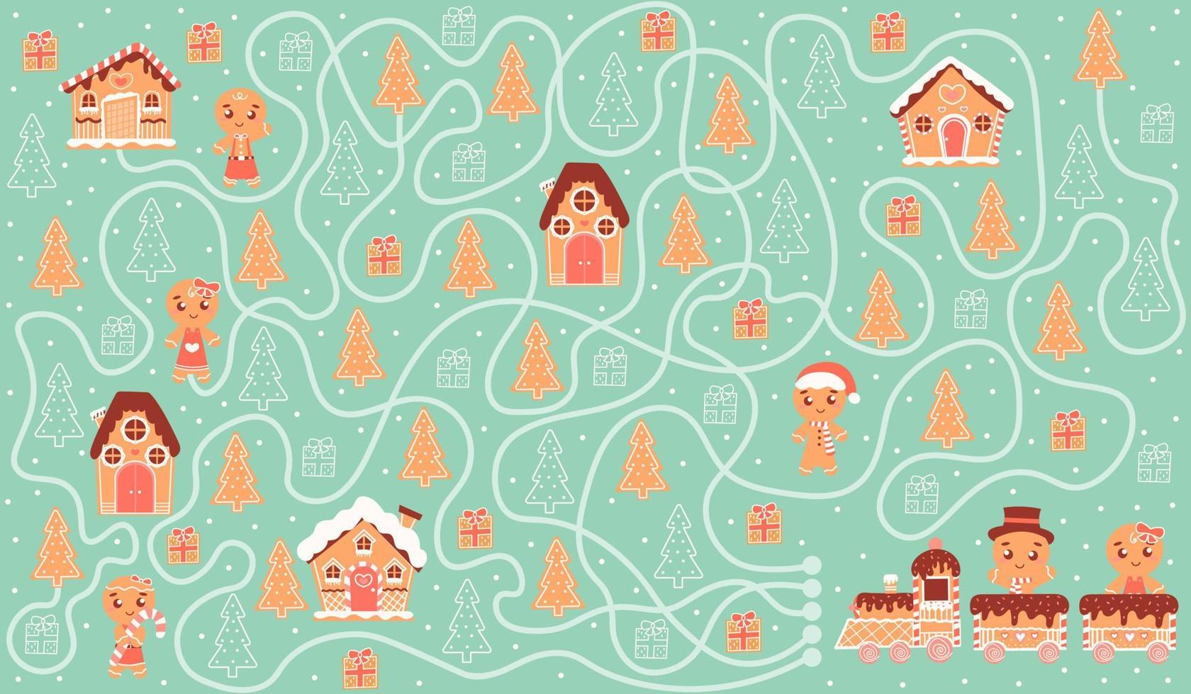 druckbares Labyrinth-Rätsel für Kinder, Hilfe, den richtigen Weg zu finden, Zug mit Geschenken zum Lebkuchenhaus, Brettspiel für Weihnachten oder Neujahr im Cartoon-Stil, süße Kekse, gemütliches Winterdorf vektor