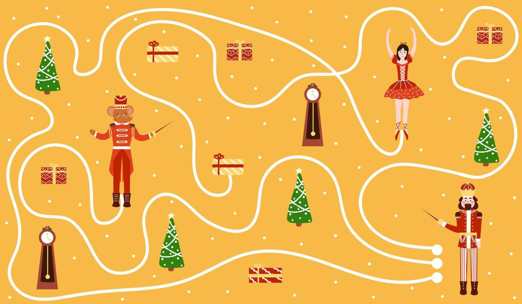 Weihnachtsspiel für Kinder mit Nussknackerfigur und Ballerina, Mäusekönig und Uhr, Weihnachtsbaum vektor