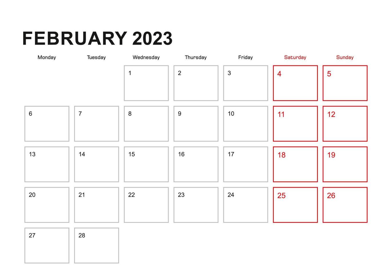 Wandplaner für Februar 2023 in englischer Sprache, Woche beginnt am Montag. vektor