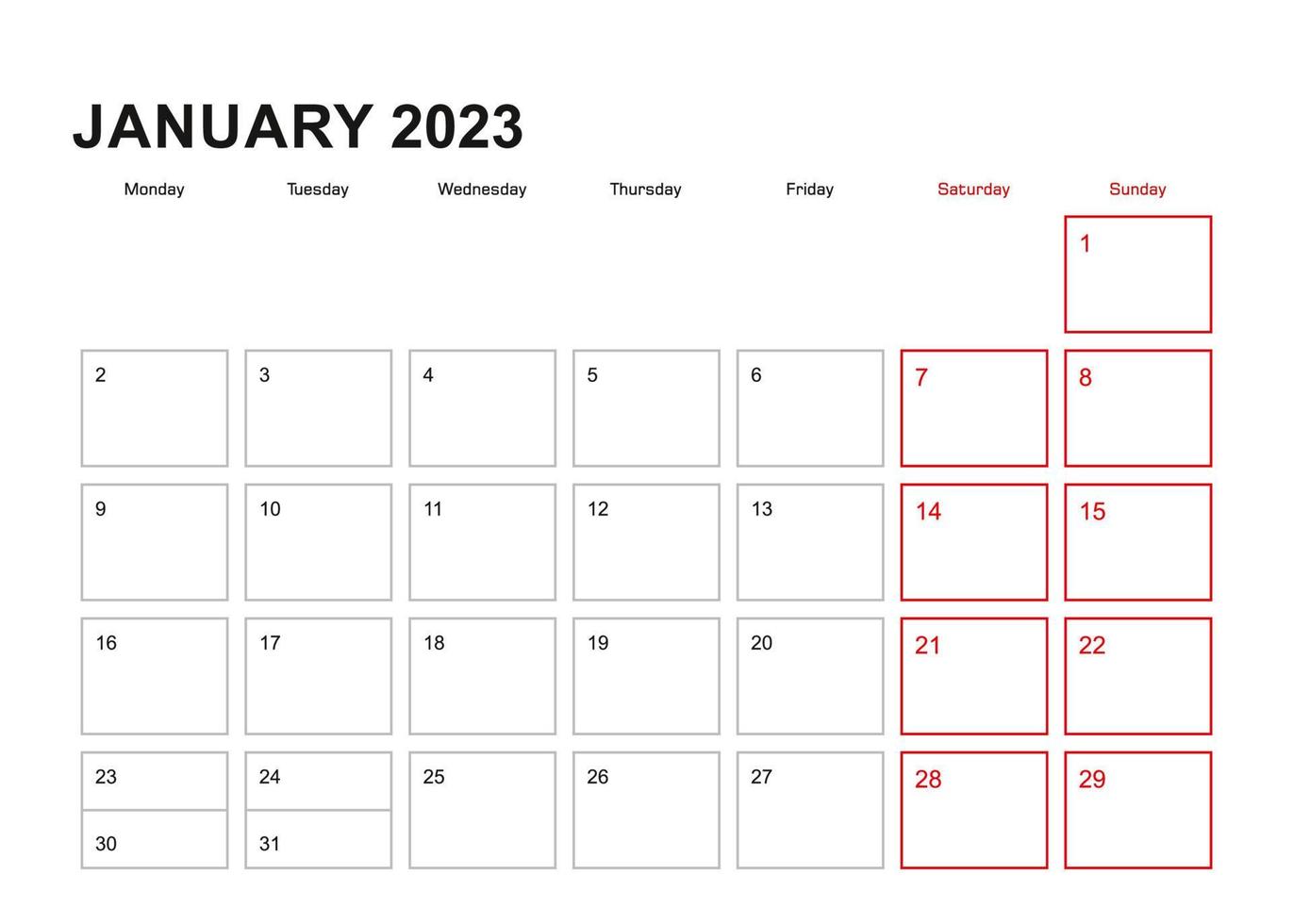 vägg planerare för januari 2023 i engelsk språk, vecka börjar i måndag. vektor