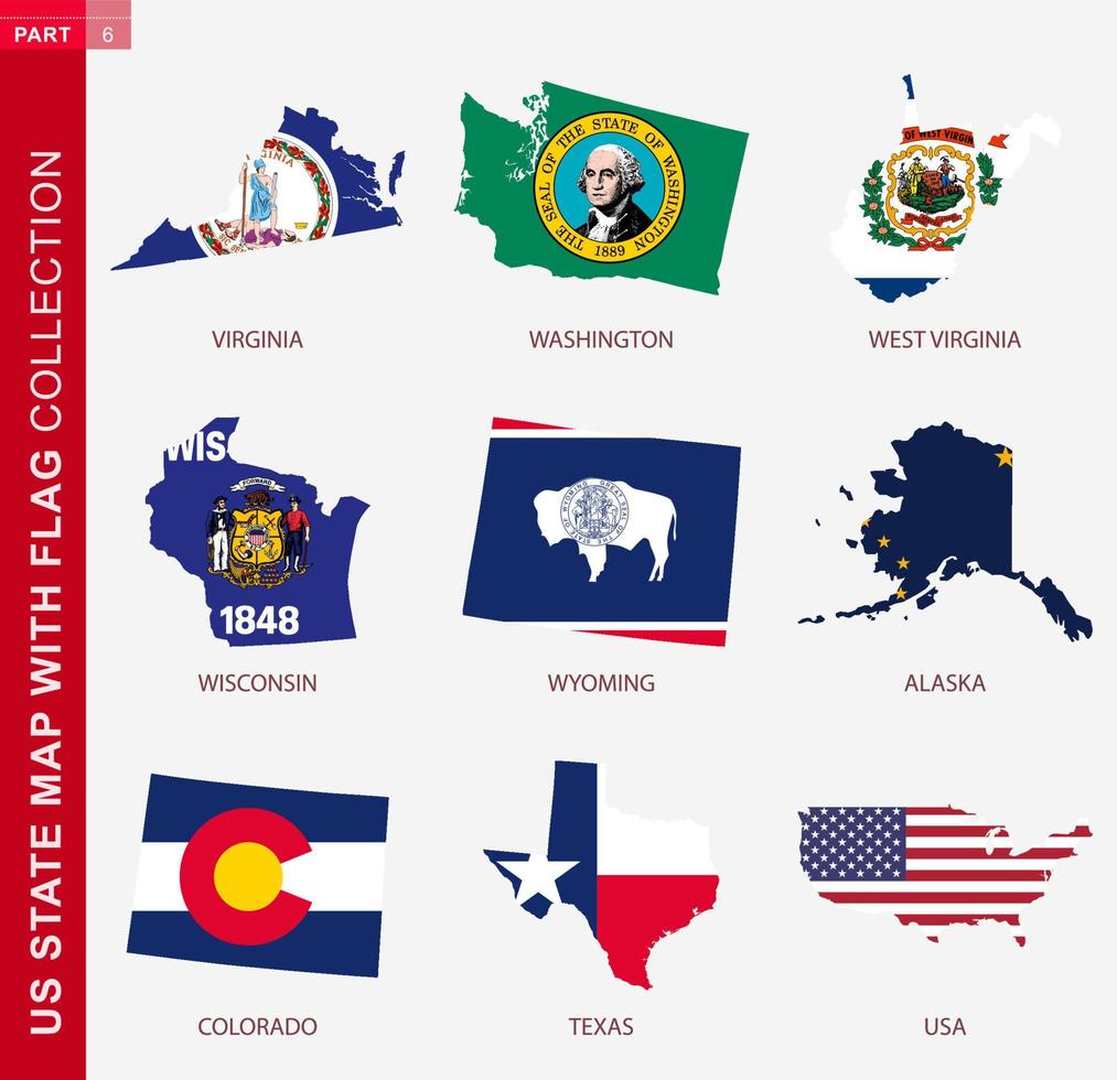 US-Staatskarten mit Flaggensammlung, neun USA-Kartenkonturen mit Flagge vektor