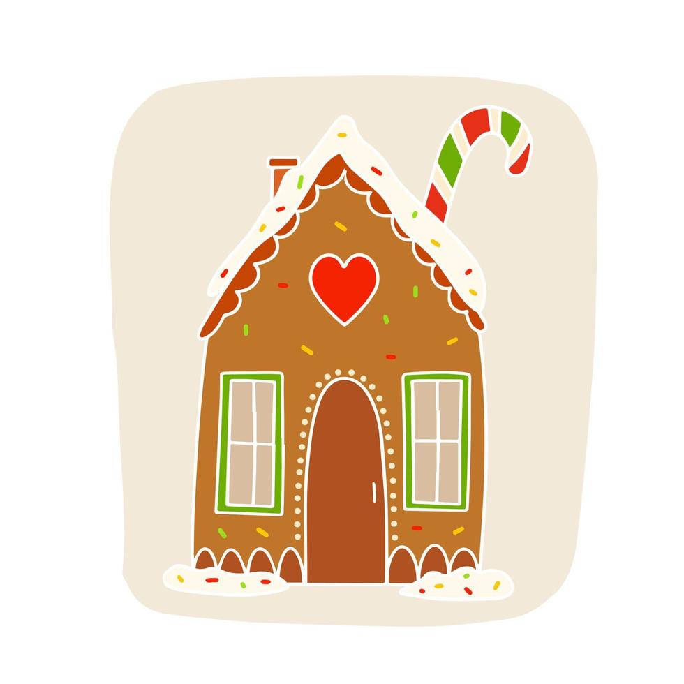 weihnachtslebkuchenhaus mit fenstern und einem süßen karamellstock. Abbildung auf weißem Hintergrund vektor