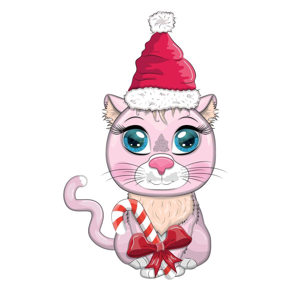 süße karikaturkatze in weihnachtsmütze mit geschenk, weihnachtskugel, candy kane. winter 2023, weihnachten und chinesisch neu vektor