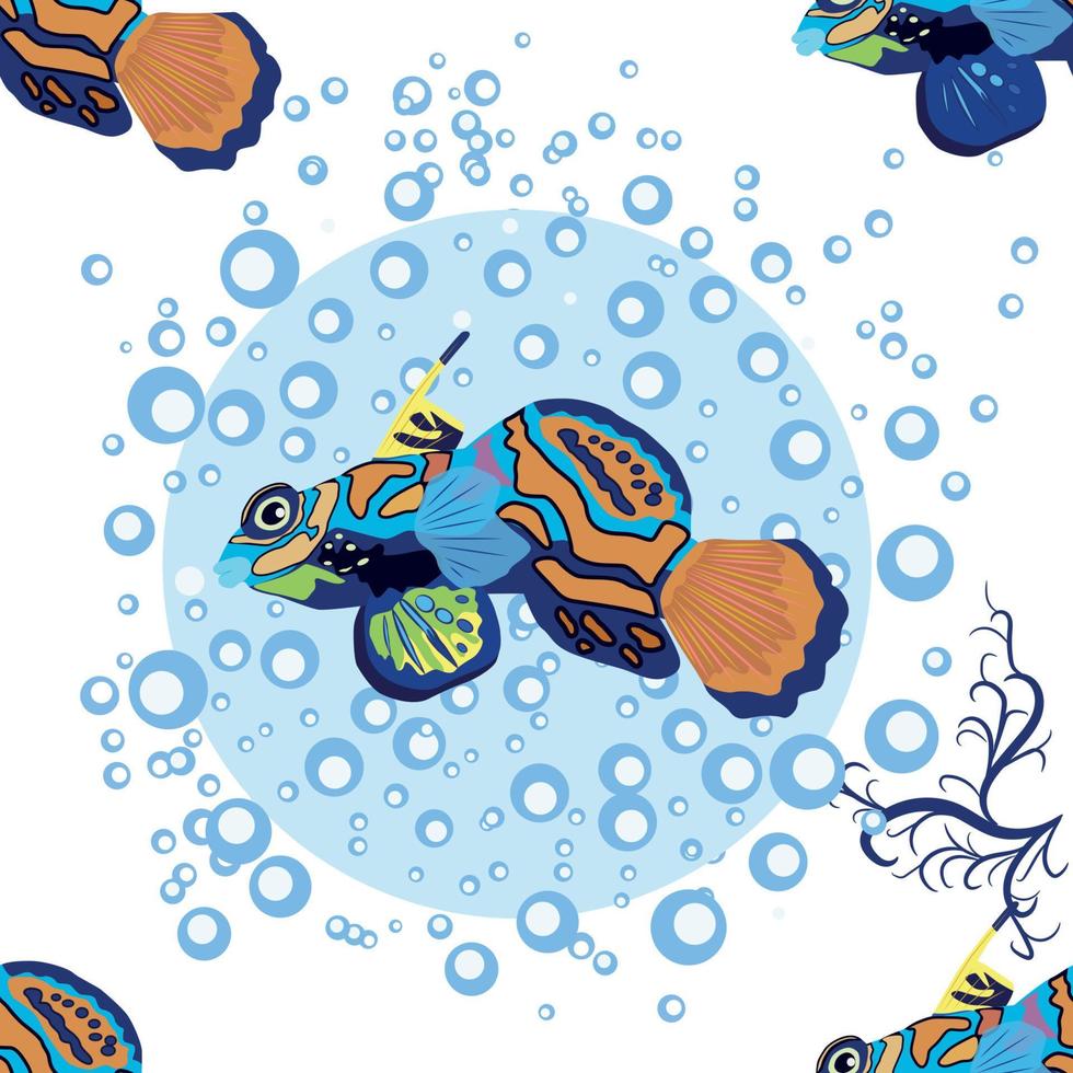 mandarin fisk sömlös mönster. skön karaktär bland snäckskal, tång, sjöstjärna, hav djur- vilda djur och växter karaktär. natur under vattnet, marin vild hav Zoo fisk. vektor
