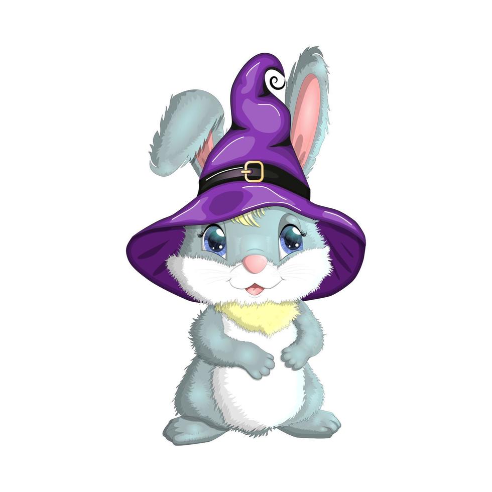 söt kanin i häxa hatt med pumpa, kvast, trolldryck. Lycklig halloween festival begrepp. år 2023 hare maskot karaktär vektor