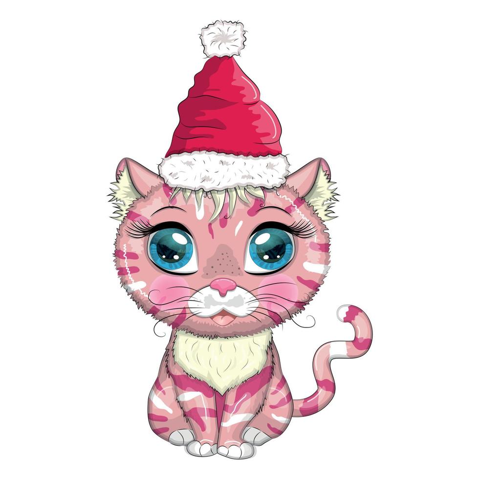 süße karikaturkatze in weihnachtsmütze mit geschenk, weihnachtskugel, candy kane. winter 2023, weihnachten und chinesisch neu vektor