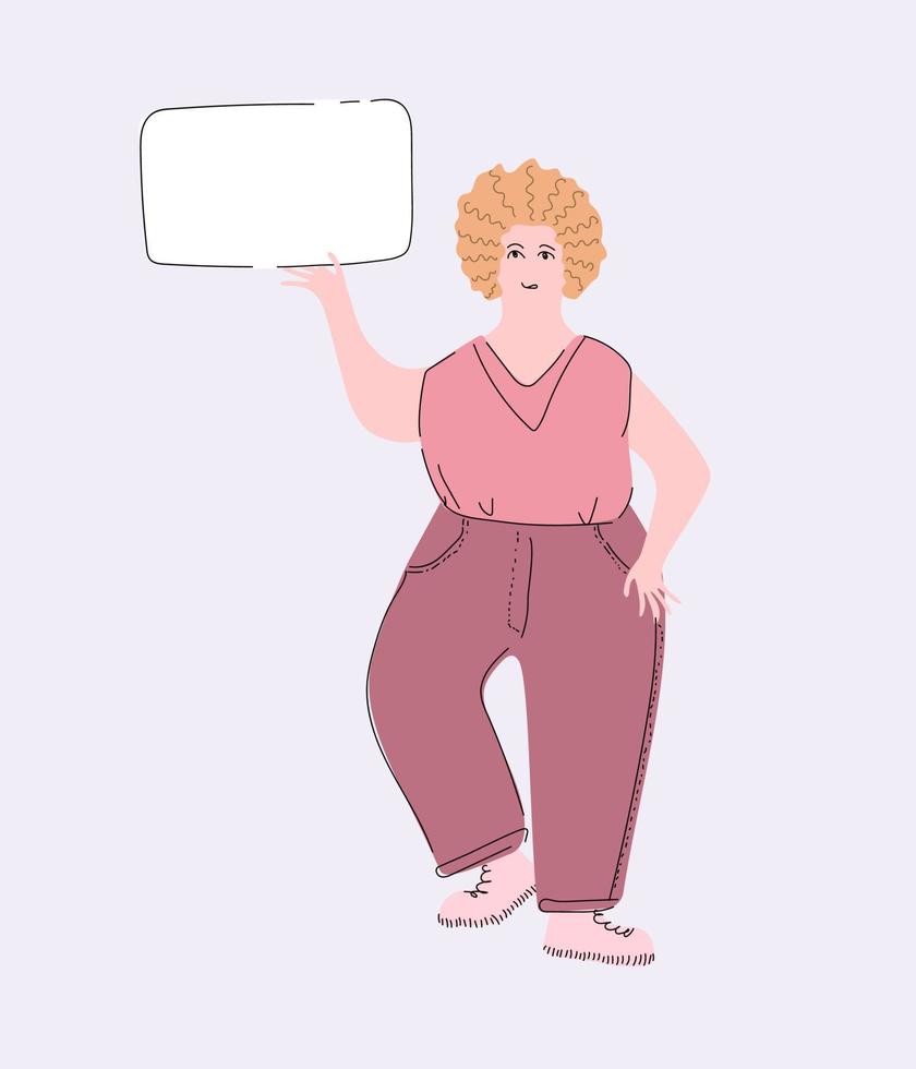 eine Frau bei einer Kundgebung mit handgezeichneten Plakaten im Doodle-Stil. vektor