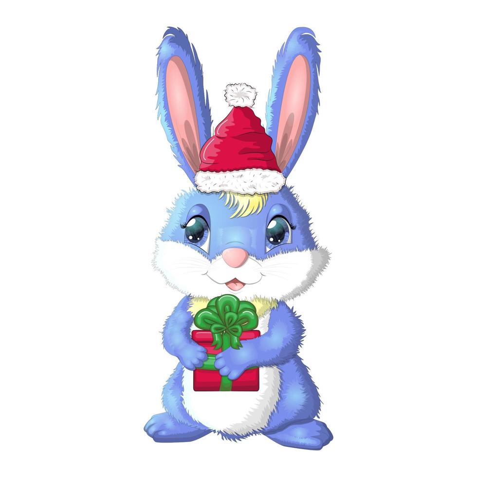 süßes karikaturkaninchen in weihnachtsmütze mit einem geschenk. Winter 2023, Weihnachten und Neujahr vektor