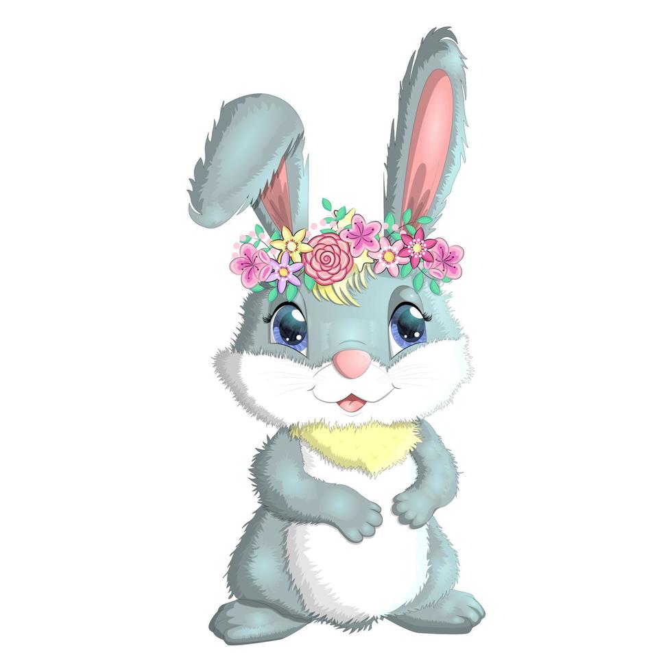 tecknad serie kanin, hare med blommor. söt barnslig karaktär, påsk, vår, symbol av 2023 kinesisk ny år vektor