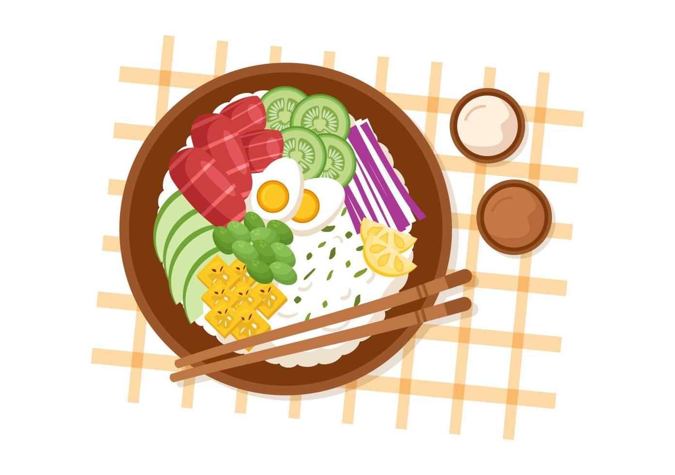 hawaiian maträtt peta skål mat mall hand dragen tecknad serie platt illustration med ris, tonfisk, färsk fisk, ägg och grönsaker design vektor