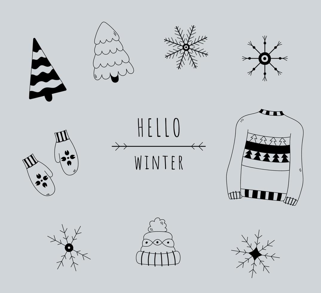 isolierter satz für winterkritzeleien. handgezeichnete schneeflocken, weihnachtsbäume, pullover, handschuhe, hut. Hallo Wintervektor-Umrissillustration vektor