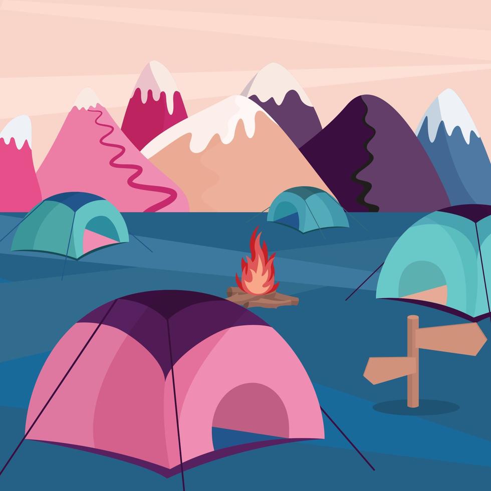 Camping im Freien in den Bergen und am Lagerfeuer vektor