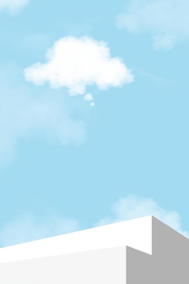 3D-weiße und graue Podiumsstufe mit blauem Himmel mit Gedankenblasenwolkenhintergrund, Vektorillustrationsbanner mit Bühnenschaufenster oder Treppenmodell, minimaler Designhintergrund für Frühling, Sommerprodukt vektor