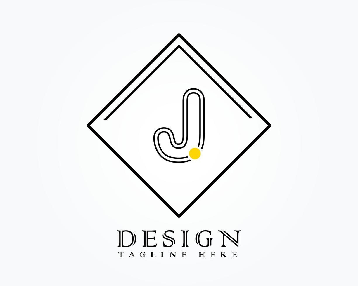 Logo-Design-Vorlage mit dem Buchstaben j des Alphabets in einer Box mit gelben abgerundeten Markierungen vektor