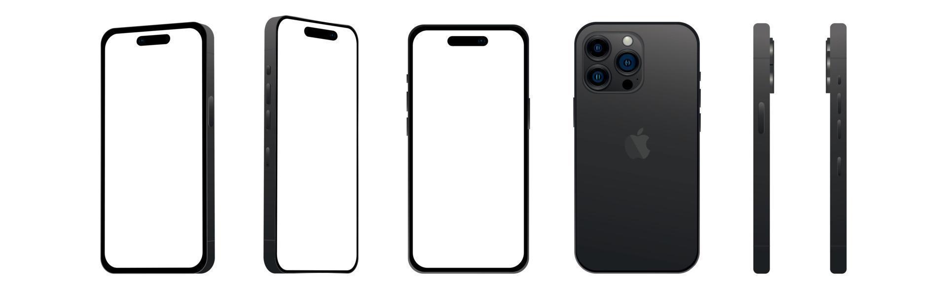 Set aus 6 verschiedenen Winkeln, schwarze Pro-Smartphone-Apple-Iphone-14-Modelle, neue IT-Industrie, Mockup für Webdesign auf weißem Hintergrund - Vektor